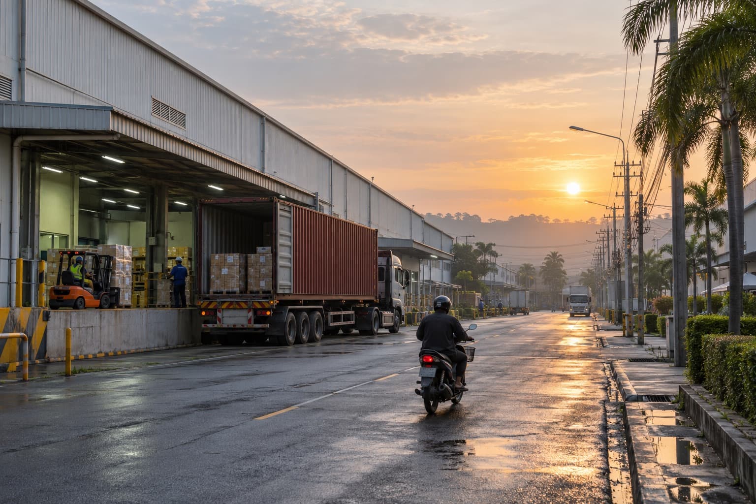 Morning traffic on a road inside a Thai industrial estate