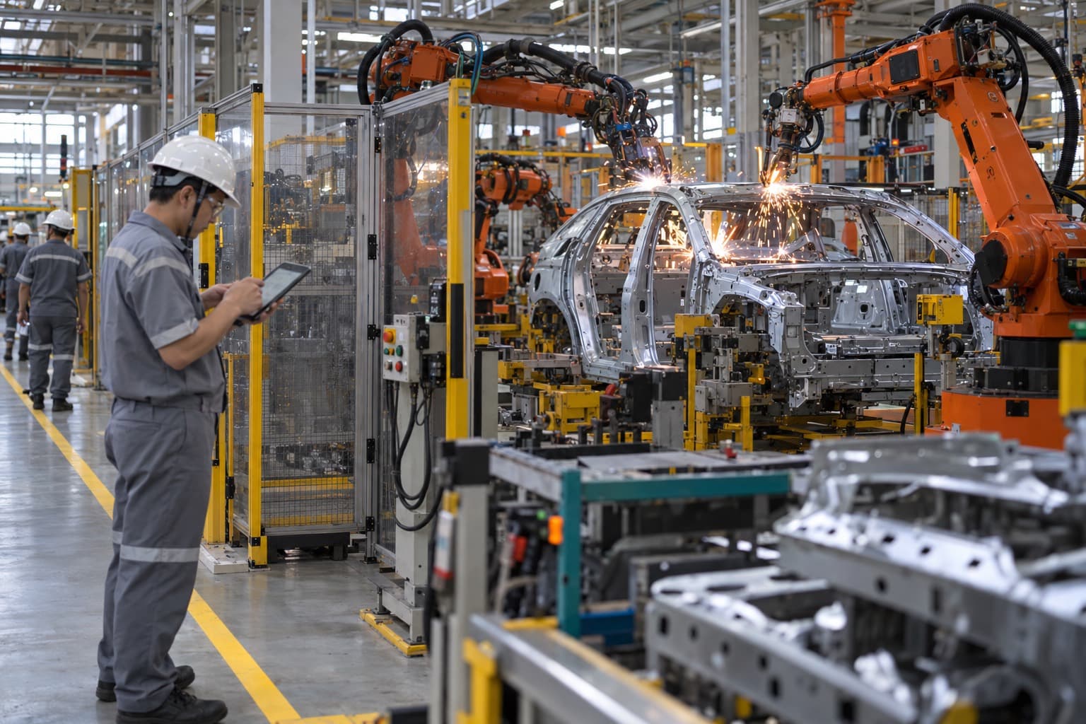 Robots welding a car body on an EV production line