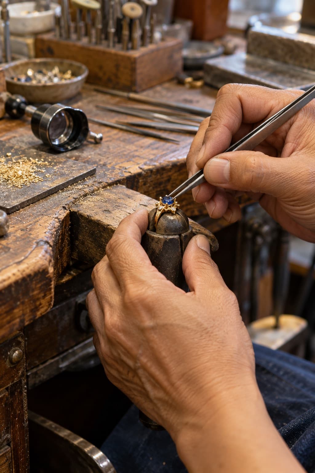 A jeweler setting a sapphire into a gold ring