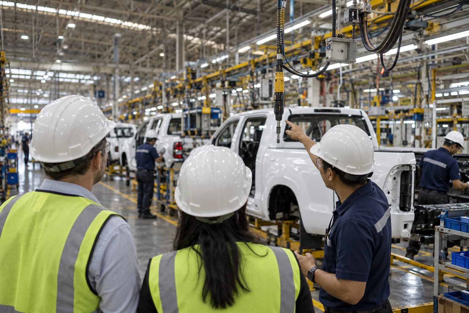 Buyers in hard hats walk a pickup-truck assembly line with an engineer