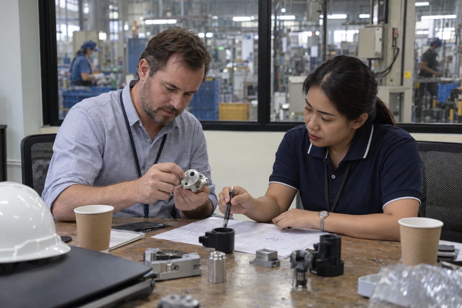 A buyer and a factory manager review product samples and drawings